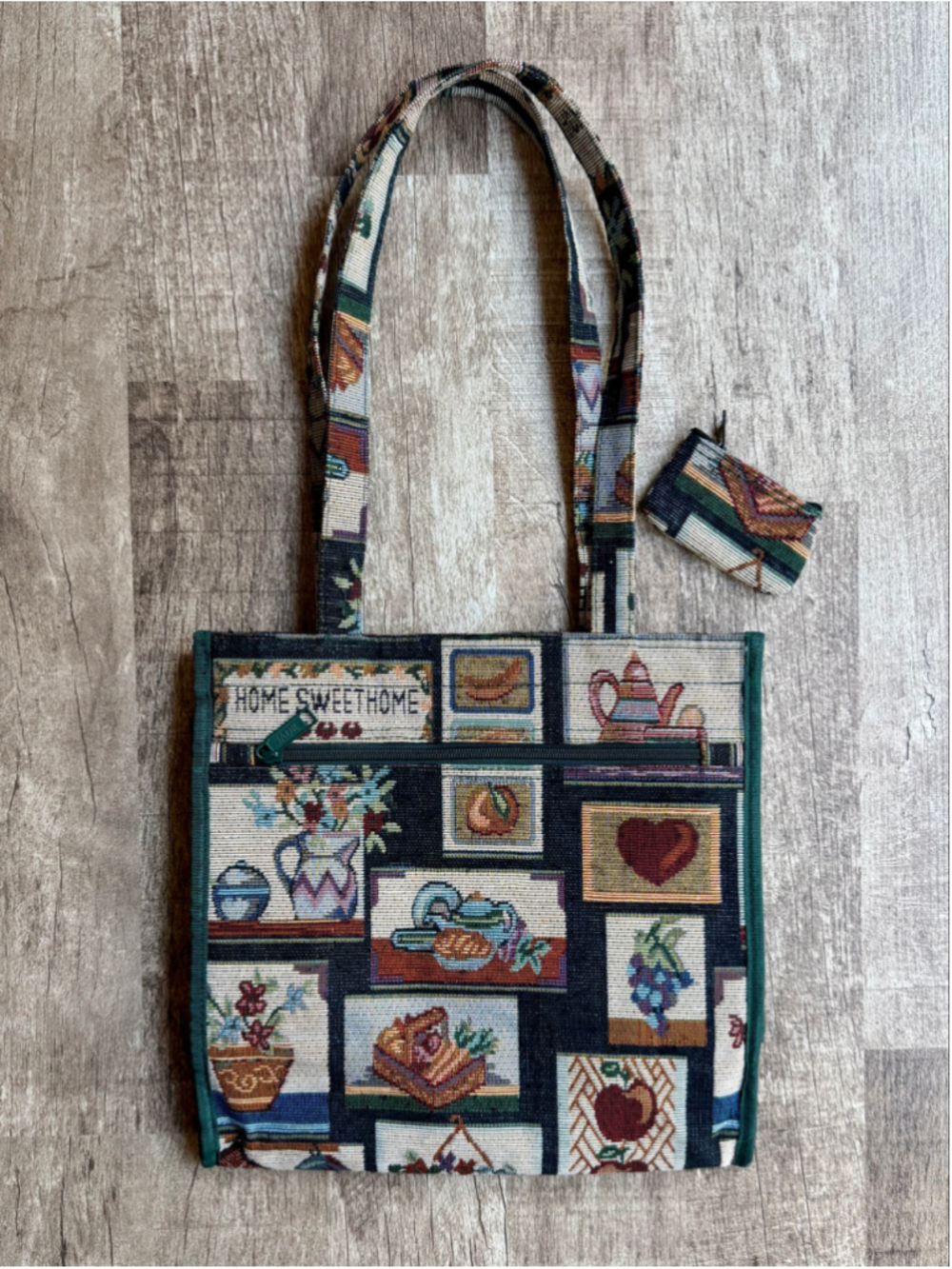 Vintage Tapestry Tote Bag with Matching Coin Purse Home Sweet Home Country Core